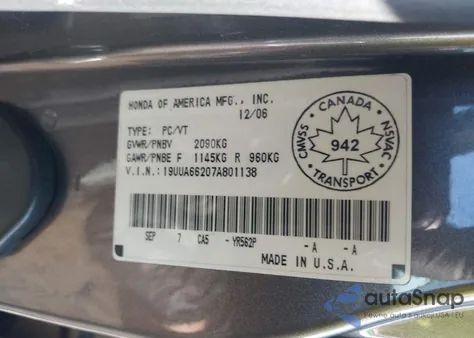 2007 Acura Tl 3.2 from USA, damaged, VIN 19UUA66207A801138